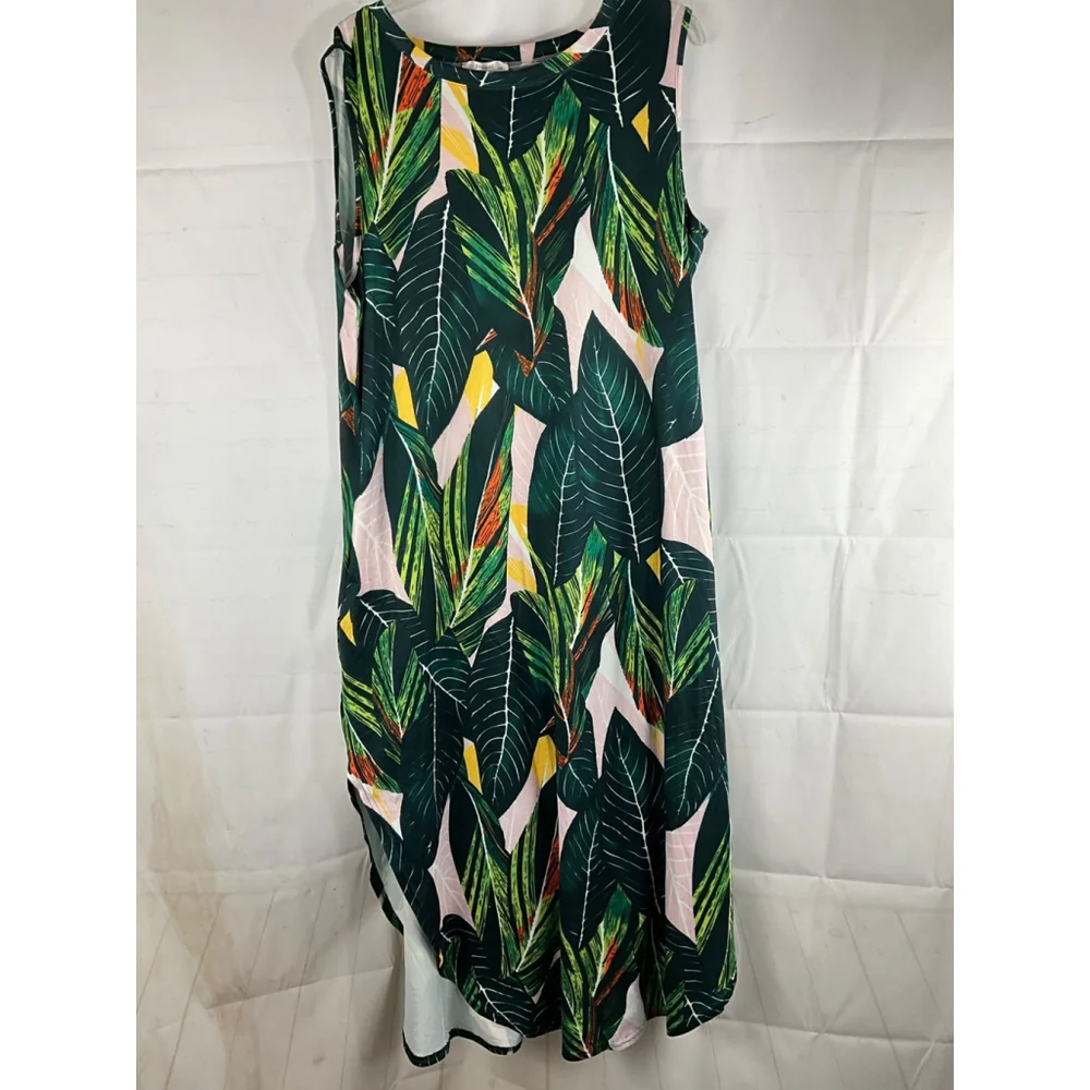 Hount Tropical Leaf Print Sleeveless Maxi Dress Side Slits Size 2XL New - Picture 1 of 6